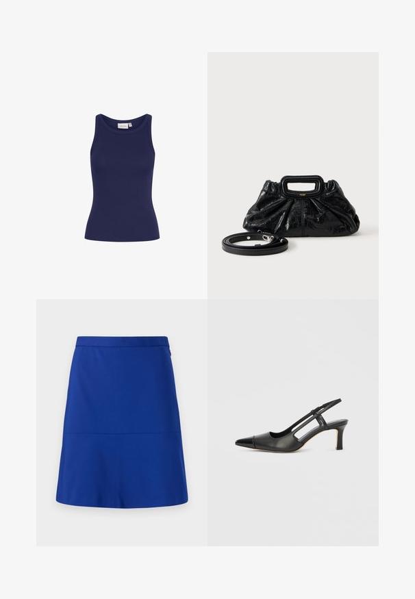 Námornícky modrý rebrovaný tielko s okrúhlym výstrihom a slim fit strihom. Má mäkkú textúru a žiadne viditeľné hardvérové prvky alebo vzory.; Modrá sukňa vyrobená z hladkého materiálu, s definovaným pásom a jednoduchým, rozšíreným dizajnom bez ozdôb alebo vzorov.; Čierna kožená obuv so záhadným opätkom, špicatou špičkou, lesklým detailom na špičke a stredne vysokým opätkom. Dizajn s otvoreným bočným stranom.; Malá čierna kožená kabelka s nariasenou textúrou, obdĺžnikovou rukoväťou a odnímateľným tenkým ramenným popruhom položená vedľa nej.