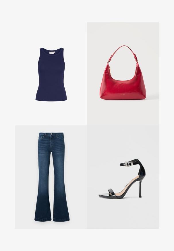 Námornícky modrý rebrovaný tielko s okrúhlym výstrihom a slim fit strihom. Má mäkkú textúru a žiadne viditeľné hardvérové prvky alebo vzory.; Tmavomodré riflové nohavice s rozšírenými nohavicami, piatimi vreckami a zapínaním na gombík a zips v páse.; Čierna vysoká sandála z lakovanej kože s popruhom okolo členka. Vyznačuje sa minimalistickým dizajnom, otvorenou špičkou a prackou zdobenou trblietavými kamienkami.; Červená kožená kabelka na rameno so zlatým zipsom a nastaviteľným remienkom, logo Calvin Klein v strede vpredu.