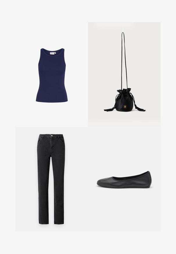 Navyblauwe geribde tanktop met een ronde nek en een slim fit. Heeft een zachte textuur en geen zichtbare hardware of patronen.; Zwarte denim jeans met een hoge taille, rechte pijpen, vijf zakken en voorzien van een knoopsluiting met metalen hardware.; Zwarte leren ballerina met een ronde neus, gladde textuur, minimale stikdetails en een flexibele zoolontwerp.; Zwarte bucketbag met trekkoord, lange dunne band en klein goudkleurig vierkant logo aan de voorkant, weergegeven tegen een eenvoudige achtergrond.