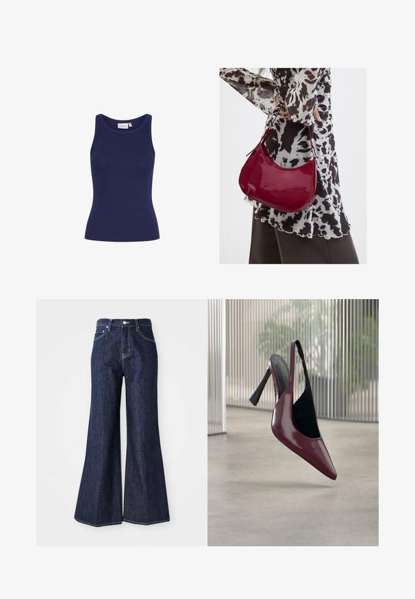 Navyblauwe geribde tanktop met een ronde nek en een slim fit. Heeft een zachte textuur en geen zichtbare hardware of patronen.; Donker denim flared jeans met een hoge taille, voorzien van een knoop- en ritssluiting. Witte stiksels en brede pijpen creëren een gestructureerd silhouet.; Glanzende donkerrode slingback met hoge hak, puntige neus en zwarte voering, zwevend boven een gladde betonnen vloer binnenshuis.; Vrouw met een zwart-wit gebloemde blouse houdt een glanzende rode schoudertas vast tegen een effen achtergrond.