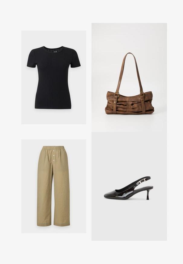 Haut noir en maille côtelée à manches courtes avec encolure ronde et bord festonné, silhouette ajustée.; Pantalon beige à jambes larges avec une ceinture élastique et trois boutons blancs sur la patte de boutonnage devant, en tissu léger texturé.; Chaussure slingback en cuir verni noir avec bout pointu, boucle argentée et talon kitten de hauteur moyenne sur un fond clair uni.; Even&Odd by Zalando Sac à main - brown