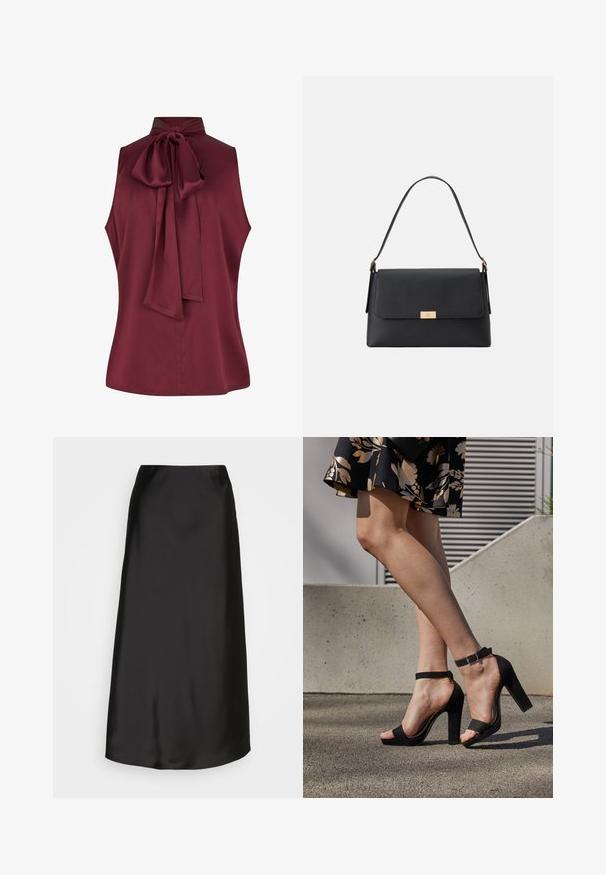 Haut sans manches bordeaux avec un col montant et un détail de nœud au dos, en tissu lisse. Présente un ourlet droit et aucune fermeture visible.; Jupe midi en satin noir avec une texture lisse, en forme A, et un éclat subtil. Présente un design épuré et simple sans embellissements.; Des sandales à talons hauts en suede noir présentent une bride de cheville avec une boucle, un design à bout ouvert et un talon épais. Texture lisse et style minimaliste.; Sac à main noir en matériau texturé avec une forme structurée. Présente une fermeture à rabat, un accent en métal doré et une poignée unique.