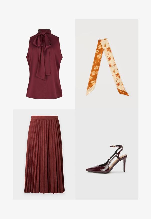 Haut sans manches bordeaux avec un col montant et un détail de nœud au dos, en tissu lisse. Présente un ourlet droit et aucune fermeture visible.; Jupe midi plissée bordeaux en tissu doux, présentant des plis verticaux et une taille ajustée. Texture lisse avec une couleur unie.; Chaussure à talon haut en cuir verni bordeaux avec bout pointu, sangle de cheville et découpes sur les côtés. Fini élégant et brillant.; Longue écharpe en soie étroite avec un motif floral, moitié en orange brûlé avec des fleurs claires, moitié en crème avec des fleurs plus foncées, étiquetée Furla.
