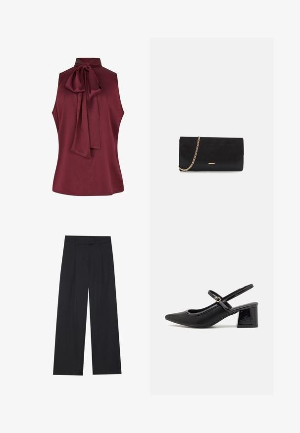 Haut sans manches bordeaux avec un col montant et un détail de nœud au dos, en tissu lisse. Présente un ourlet droit et aucune fermeture visible.; Pantalon large noir avec une texture lisse, comportant deux plis à l'avant, une ceinture, et sans matériel ou poches visibles.; Escarpins slingback en cuir verni noir avec un embout pointu, un design à découpes arrondies et un talon carré. Présente un accent de boucle en ton doré.; Porte-monnaie noir en daim avec une finition texturée, doté d'une chaîne dorée et d'un design épuré et angulaire.