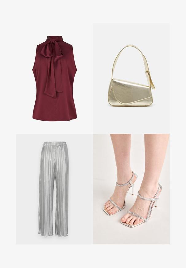 Haut sans manches bordeaux avec un col montant et un détail de nœud au dos, en tissu lisse. Présente un ourlet droit et aucune fermeture visible.; Pantalons plissés argentés avec une taille élastique, jambes larges et une texture métallique lisse. Les rayures verticales renforcent l'attrait visuel.; Pieds portant des sandales à talons hauts argentées avec de fines lanières et des pointes carrées, se tenant sur une surface de couleur claire.; Sac à main en métal doré avec un design structuré, texture lisse et bandoulière ajustable. Présente une forme triangulaire unique et des coutures minimalistes.