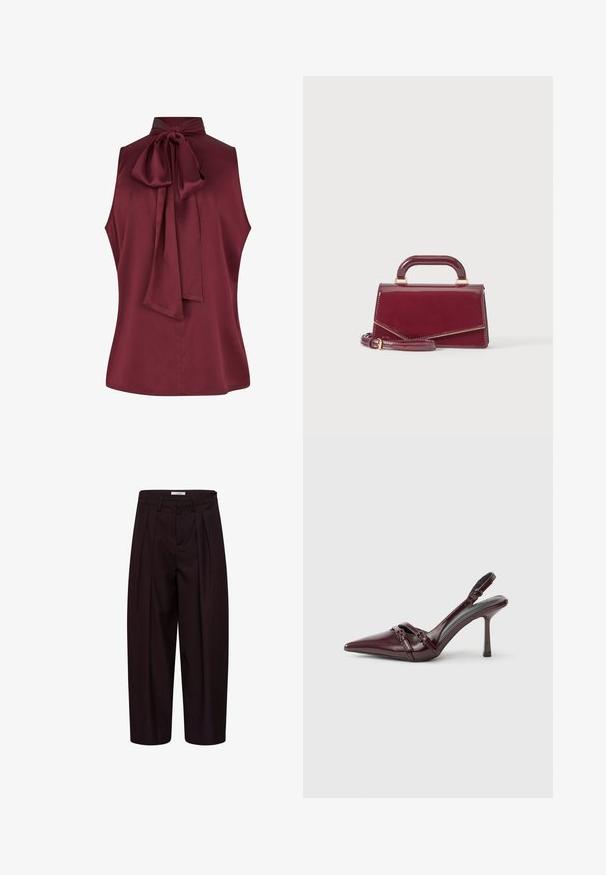 Haut sans manches bordeaux avec un col montant et un détail de nœud au dos, en tissu lisse. Présente un ourlet droit et aucune fermeture visible.; Pantalon noir tailleur à jambes larges avec plis devant, passants de ceinture et boutons latéraux à la ceinture.; Escarpin slingback en cuir verni bordeaux avec bout pointu, fine bride à la cheville et petit détail décoratif de boucle. Texture lisse et talon haut.; Petit sac à main bordeaux brillant avec une poignée supérieure et une bandoulière détachable, présenté sur un fond clair uni.