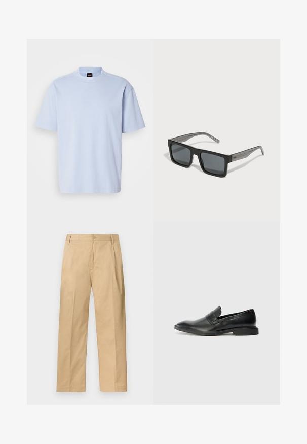 Camiseta de cuello redondo de manga corta en azul claro con una pequeña etiqueta de la marca BOSS en negro y naranja en el cuello.; Pantalones chinos beige de pierna recta con cierre de botón y cremallera, trabillas para cinturón y bolsillos laterales, colocados planos sobre un fondo blanco.; Mocasines de piel negra con textura suave, punta afilada y un bajo tacón rectangular. Presentan un detalle de cinta horizontal en la parte superior.; HUGO Gafas de sol - black