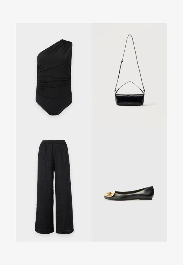 Maillot de bain noir à une épaule avec détail froncé, décolleté asymétrique et bas lisse sur fond blanc.; Pantalon noir à jambes larges avec une taille élastique et un motif à carreaux texturé subtil.; Ballerines en cuir noir avec un bout rond, présentant un accent en forme de coquillage doré métallique à l'avant. Texture lisse, talon bas.; Sac bandoulière rectangulaire en cuir noir avec bandoulière ajustable, fermeture éclair sur le dessus et petit logo Calvin Klein doré sur le devant.