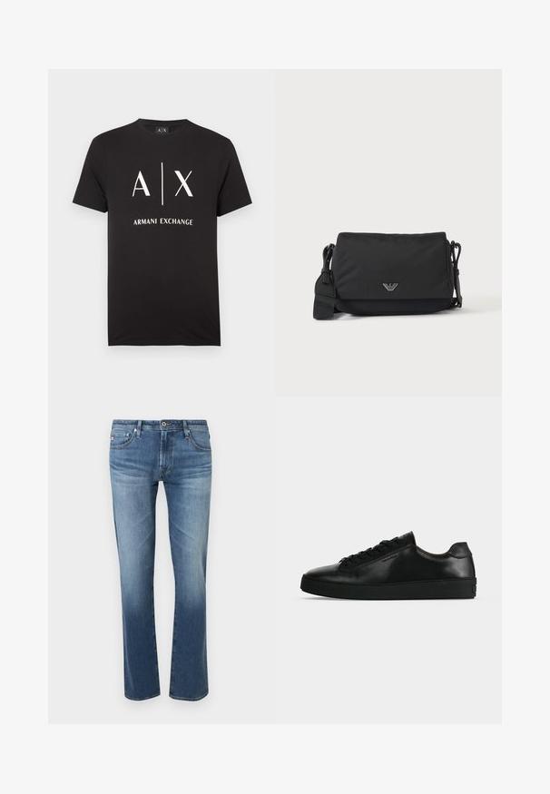 T-shirt en coton noir avec les initiales "A|X" et "ARMANI EXCHANGE" imprimées en blanc. Col rond avec manches courtes.; Jean bleu délavé pour homme, coupe droite, avec fermeture à boutons et zip à l'avant, poches avant et arrière, présenté sur fond blanc.; Basket basse en cuir noir avec lacets noirs et semelle épaisse noire, vue de profil sur fond gris clair.; Sac bandoulière noir avec sangle réglable et petit emblème logo argenté sur le rabat avant, présenté sur un fond clair uni.