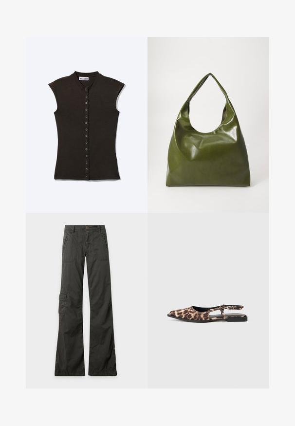 Haut noir sans manches à boutons, col montant et œillets métalliques sur le devant, étiqueté "WEEKDAY" à l'intérieur du col.; Pantalon gris foncé à jambes larges avec poches à rabat devant et sur les côtés, passants pour ceinture et fermeture par bouton à la taille sur un fond uni.; Ballerine à enfiler en imprimé léopard, avec un bout pointu, des côtés ouverts et un petit talon noir. Le matériau semble lisse avec un léger éclat.; Sac hobo en cuir vert au design décontracté, avec une poignée incurvée et une texture lisse. Ne contient aucun matériel ou accent visible.