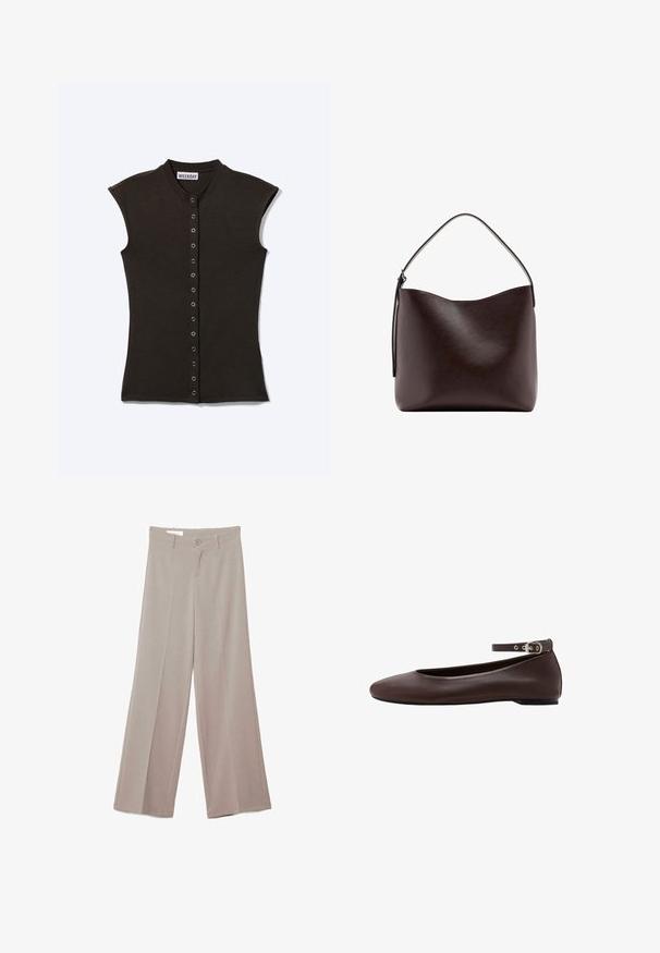 Haut noir sans manches à boutons, col montant et œillets métalliques sur le devant, étiqueté "WEEKDAY" à l'intérieur du col.; Pantalon beige à jambes larges avec plis devant, fermeture par boutons, passants pour ceinture et sans poches visibles, présenté sur un fond blanc.; Chaussure plate marron foncé avec bout arrondi et bride de cheville réglable avec boucle argentée sur fond blanc.; Sac à main en cuir brun foncé avec une seule poignée supérieure incurvée et une surface lisse et dépourvue d'ornements sur fond blanc.