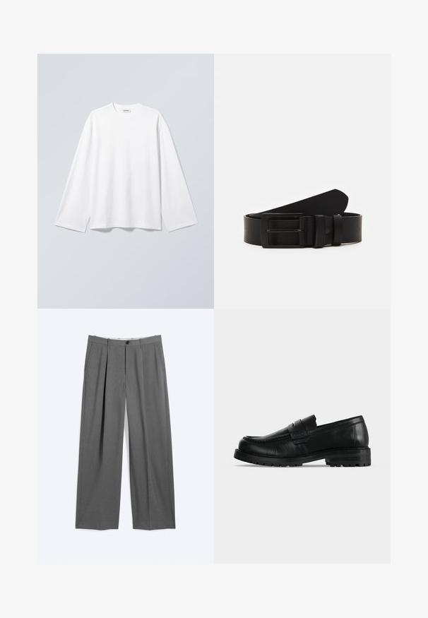T-shirt blanc uni à manches longues avec col rond et coupe décontractée, suspendu sur un fond gris clair.; Pantalon formel gris avec jambes droites, plis à l'avant, poches latérales, passants pour ceinture et fermeture devant par bouton et glissière.; Mocassin en cuir noir avec semelle épaisse et couture moc toe, vu de profil sur un fond uni clair.; Ceinture en cuir noir roulée avec une boucle en métal rectangulaire noir mat et deux passants sur fond blanc.