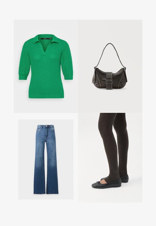 Groene gebreide pullover met een V-hals en korte mouwen. De textuur van de stof heeft een geribd patroon; voorzien van een klassieke kraag.; Blauwe high waist denim jeans met wijde pijpen en voorzakken, knoop- en ritssluiting, platliggend getoond op een witte achtergrond.; Benen met donkere geribbelde leggings gecombineerd met zwarte ballerina's met kleine strikdetails op een witte achtergrond.; Zwarte leren schoudertas met gespsluiting aan de riem, afgeronde hoeken en contrasterende witte stiksels op een effen achtergrond.