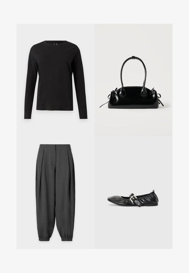 T-shirt noir à manches longues en coton avec un col rond. Il présente une texture lisse et un design simple, adapté à un style décontracté.; Pantalon ample gris foncé avec plis à l'avant et poignets élastiques aux chevilles sur fond uni.; Chaussure plate en cuir noir avec un nez pointu, des détails froncés autour de l'ouverture et un accent en boucle argentée sur la bride ajustable.; Petit sac à main noir brillant avec deux longues anses et des détails à cordon sur les côtés sur un fond clair uni.