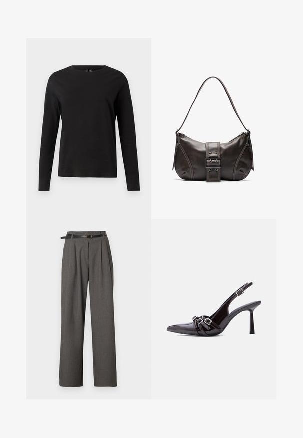 T-shirt noir à manches longues en coton avec un col rond. Il présente une texture lisse et un design simple, adapté à un style décontracté.; Pantalon gris taille haute avec plis et poches latérales, stylisé d'une fine ceinture noire avec une boucle ronde dorée.; Chaussure à talon haut slingback en cuir verni noir, bout pointu, avec trois brides décoratives bouclées sur le dessus.; Sac à épaule en cuir marron avec une forme courbée, présentant un détail de boucle proéminent, des coutures contrastantes et une seule bandoulière.