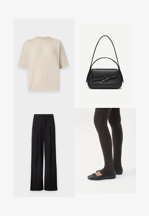 Kortærmet beige striktrøje med rund halsudskæring, blød tekstur og afslappet pasform. Har subtile farvevariationer i hele stoffet.; Sorte vidde bukser med plisseringer, tilpasset talje og sidelommer. Glat stof med en ren, ubrudt silhuet.; Ben iført mørke ribbede leggings kombineret med sorte balletsko med små sløjfedetaljer på hvid baggrund.; Sort læderhåndtaske med afrundede kanter, asymmetrisk klap, metalcirkulært spænde samt både korte og lange skulderstropper.