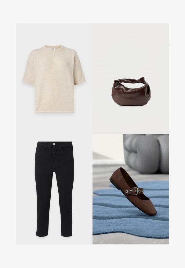 Beige gebreide top met korte mouwen, een ronde halslijn, zachte textuur en een losse pasvorm. De stof vertoont subtiele kleurvariaties.; Zwarte slim-fit jeans met voorzakken, ceintuurlussen en een knoopsluiting op een lichtgrijze achtergrond.; Bruine suède platte schoen met gespband, rustend op een blauw gestructureerd tapijt met grijskleurig getufte meubels op de achtergrond.; Donkerbruine leren schoudertas met een zachte, slungelige vorm en een gedraaide knoopvormige handgreep op een effen witte achtergrond.
