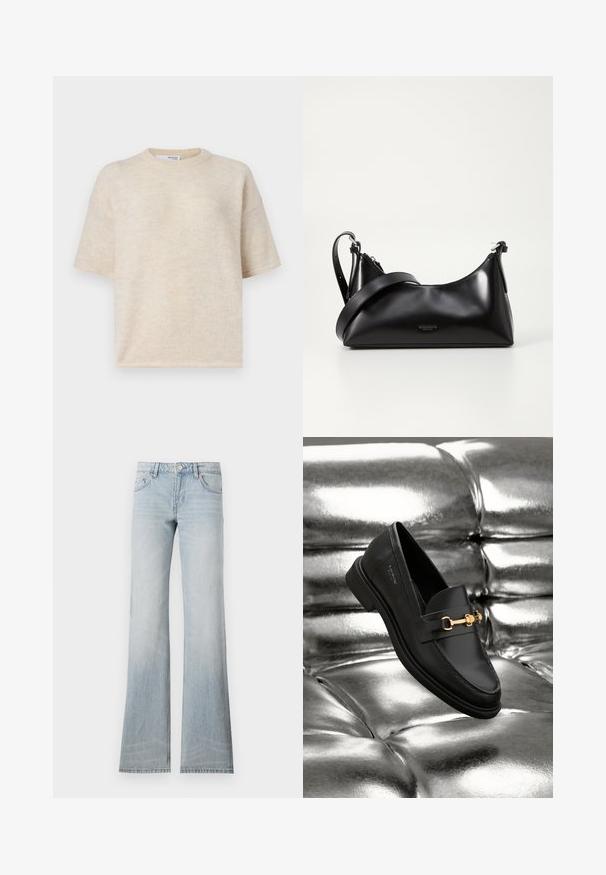 Kortærmet beige striktrøje med rund halsudskæring, blød tekstur og afslappet pasform. Har subtile farvevariationer i hele stoffet.; Lyseblå denim flared jeans med en slidt finish, fem lommer og knaplukning. Stoffet har en glat tekstur og let stræk.; Sorte læder loafers med en guldfarvet hardware detalje. Skoen har et elegant design og en glat, skinnende overflade.; Sort læderhåndtaske med en glat tekstur. Har en justerbar stropp og et enkelt, minimalistisk design med lynlås.