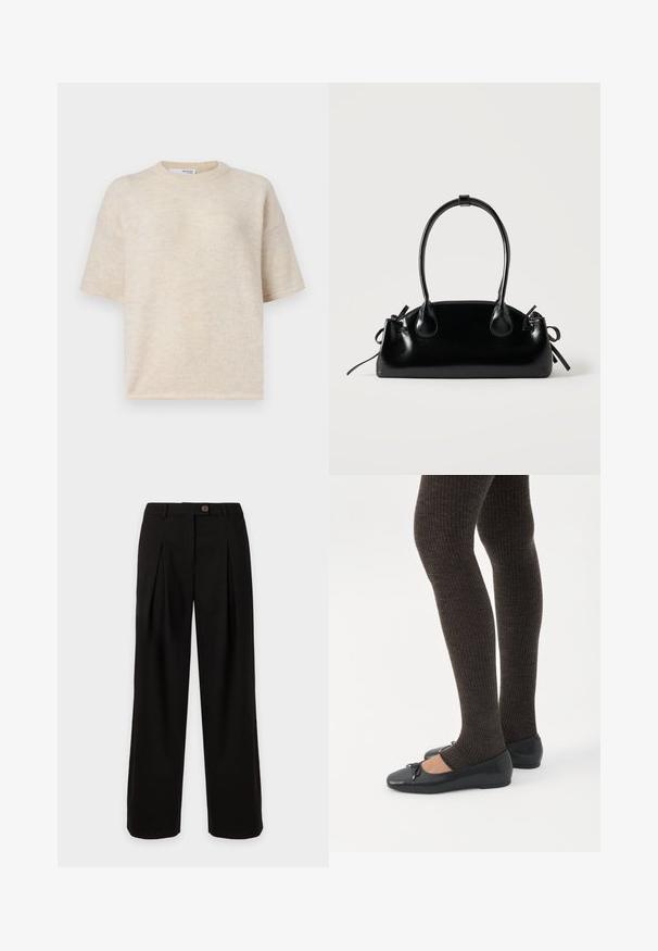 Beige gebreide top met korte mouwen, een ronde halslijn, zachte textuur en een losse pasvorm. De stof vertoont subtiele kleurvariaties.; Zwarte broek met hoge taille en brede pijpen, met plooien aan de voorkant, riemlussen en één bruine knoopsluiting aan de taille.; Benen met donkere geribbelde leggings gecombineerd met zwarte ballerina's met kleine strikdetails op een witte achtergrond.; Kleine zwarte glanzende handtas met twee lange hengsels en zijkant trekkoord details op een effen lichte achtergrond.