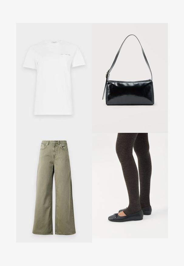 T-shirt en coton blanc avec un col rond, des manches courtes et une poche sur la poitrine gauche. Présente une petite impression noire indiquant "REPLAY EST 1981."; Jeans taille haute, vert olive, à jambes larges avec bouton avant, fermeture éclair et design à cinq poches sur fond blanc.; Jambes portant des leggings côtelés foncés associés à des ballerines noires avec de petits détails en nœud sur fond blanc.; Sac d'épaule rectangulaire noir avec une sangle réglable unique et une fermeture éclair supérieure sur un fond uni.