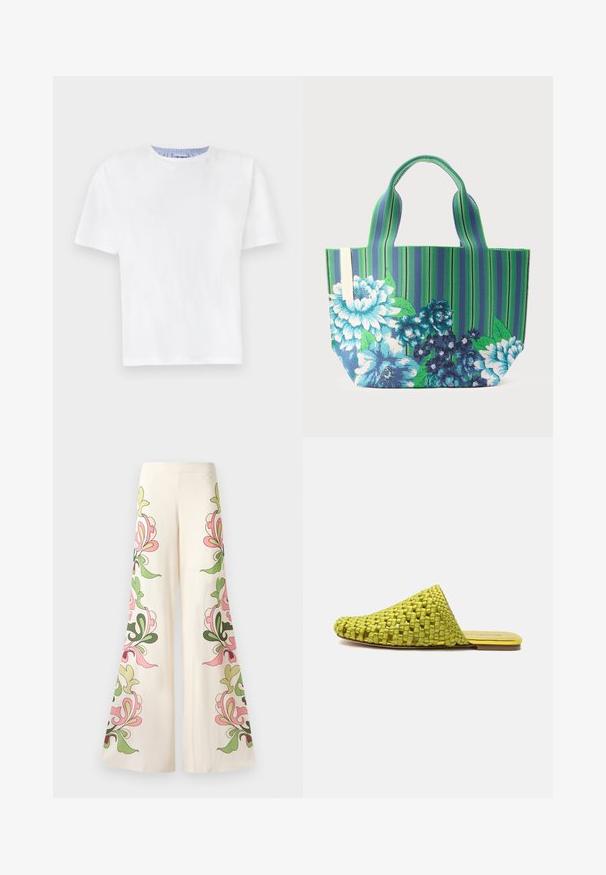 T-shirt blanc en coton avec un col rond. Présente des manches courtes et un détail rayé bleu à l'intérieur du col. Texture douce, coupe régulière.; Pantalons évasés en tissu crème avec des motifs floraux colorés en rose et vert sur les côtés. Texture lisse, design à jambes larges.; Mule en tissu vert à enfiler avec semelle plate et bout pointu fermé, conçue pour un usage décontracté.; Sac cabas avec des rayures verticales vertes et bleues, orné de grands motifs floraux bleus et blancs et deux poignées courtes.