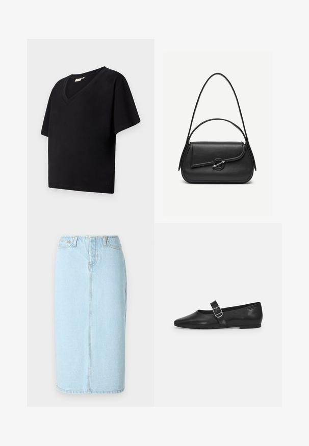 Sort bomulds t-shirt med V-udskæring, korte ærmer og løs pasform. Har et lille brandlogo nær kanten.; Lys blå denim blyantskørt med høj talje, fem lomme-design og subtile syninger langs sømmene.; Sorte læder flade sko med rund tå, et enkelt justerbart spænde og en glat, blank overflade. Minimalistisk design med en lav hæl.; Sort læderhåndtaske med afrundede kanter, asymmetrisk klap, metalcirkulært spænde samt både korte og lange skulderstropper.