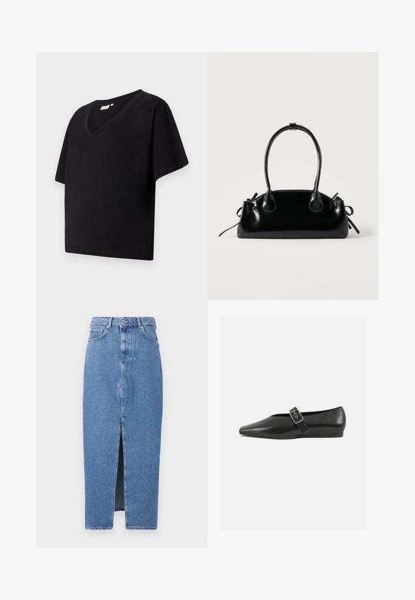 Sort bomulds t-shirt med V-udskæring, korte ærmer og løs pasform. Har et lille brandlogo nær kanten.; Lyseblå denim midi-nederdel med en frontslids, klassisk fem-lomme design og lukning med topknap. Stoffet har en let struktur.; Sorte læder flade sko med spidse tæer, prydet med en metallisk spænde over vristen og en lav, fleksibel sål.; Lille sort blank håndtaske med to lange håndtag og snøre-detaljer i siden på en ensfarvet lys baggrund.
