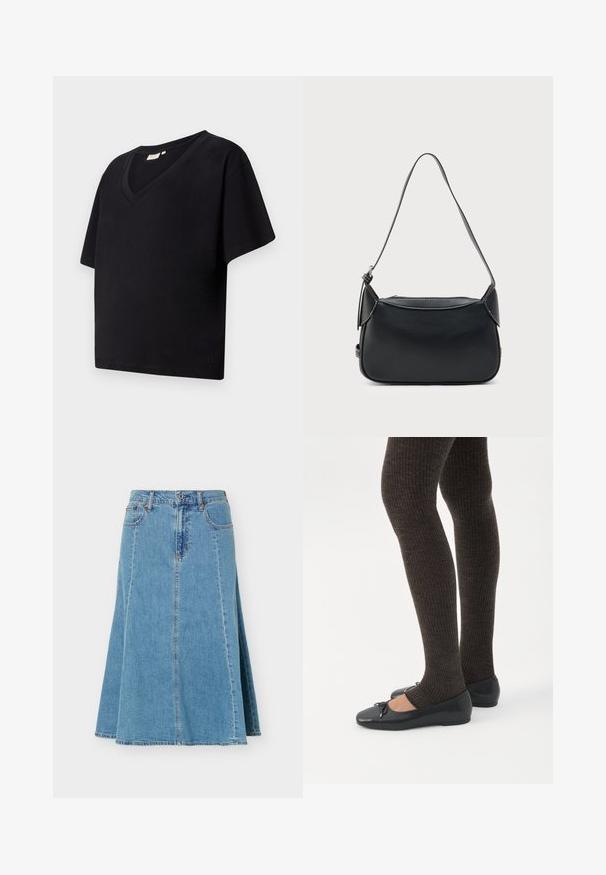 Zwarte katoenen t-shirt met een V-halslijn, korte mouwen en een loose fit. Voorzien van een klein merkje bij de zoom.; Blauwe denim A-lijn rok met knoop- en ritssluiting aan de voorkant, voor- en achterzakken, en zichtbare verticale naden.; Benen met donkere geribbelde leggings gecombineerd met zwarte ballerina's met kleine strikdetails op een witte achtergrond.; Zwarte leren schoudertas met een glad oppervlak, afgeronde vorm en een dunne band. Voorzien van een ritssluiting en minimale metalen accenten.