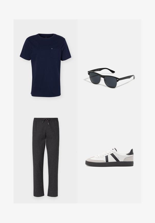 Marineblaues T-Shirt mit kurzen Ärmeln und Rundhalsausschnitt mit einer Brusttasche, die ein kleines Logo auf einfarbigem Hintergrund zeigt.; Dunkelgraue, weiche Stoffhosen mit elastischem Bund und Kordelzug. Gerades Bein-Design, keine Taschen, glatte Textur und einfache Konstruktion.; Weiße Sneaker mit schwarz- und grau-aczenten, ausgestattet mit einer strukturierten grauen Zehenkappe, schwarzer Gummi-Sohle und flachen weißen Schnürsenkeln. Sauberes Design, minimalistische Stil.; Schwarze Sonnenbrille mit rechteckiger Form, dunklen Gläsern, silbernen Akzenten an den Bügeln und mattierter Oberfläche des Rahmens.