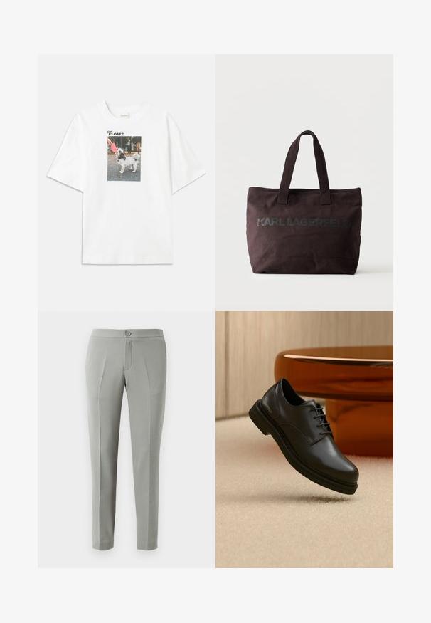 T-shirt en coton blanc avec une impression photo rectangulaire d'un chien tenant un frisbee rose. Le texte au-dessus de l'image indique "Rester FERMÉ."; Pantalons gris ajustés avec une texture lisse, dotés d'une fermeture à bouton à l'avant, de deux poches avant et de jambes fuselées.; Chaussure en cuir noire à lacets flottant au-dessus d'un tapis beige avec un objet brun brillant et arrondi en arrière-plan.; Sac cabas marron foncé avec deux poignées et logo « Karl Lagerfeld » imprimé sur le devant sur un fond clair uni.