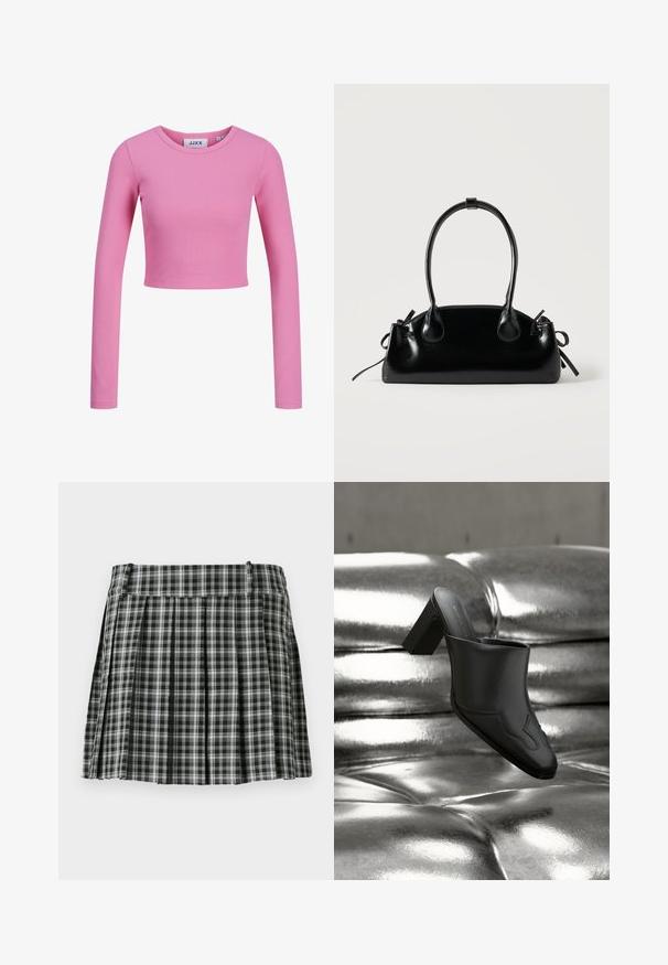 Langærmet, cropped top i lyserødt ribbet stof. Har en rund halsudskæring og et tætsiddende design med en glat tekstur.; Sort-hvidt ternet plisseret nederdel med en glat talje og flere lodrette folder. Fremstillet af let stof.; Sort lædermule med blokhæl hvilende på en skinnende sølvpolstret overflade, der fremhæver dens elegante design og buede detaljer.; Lille sort blank håndtaske med to lange håndtag og snøre-detaljer i siden på en ensfarvet lys baggrund.