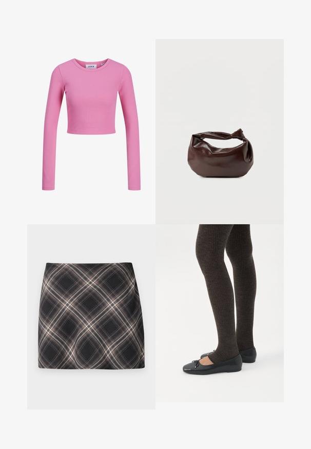 Pitkähihainen, lyhyt toppi vaaleanpunaisesta ribbimateriaalista. Siinä on pyöreä pääntie ja tiukka muotoilu, joka tuntuu sileältä.; Mustan ja beige ruutukuosiset mini-hameet, joissa on vinottainen ruudukko, istuvat vyötärö ja sileä kangastuntu.; Jalat, joissa tummat ribbineuleiset leggingsit yhdistettynä mustiin balettitossuihin, joissa on pienet rusettikoristeet valkoisella taustalla.; Tummanruskea nahkainen olkalaukku, jossa on pehmeä, rento muoto ja kiertynyt solmukahva valkoisella taustalla.