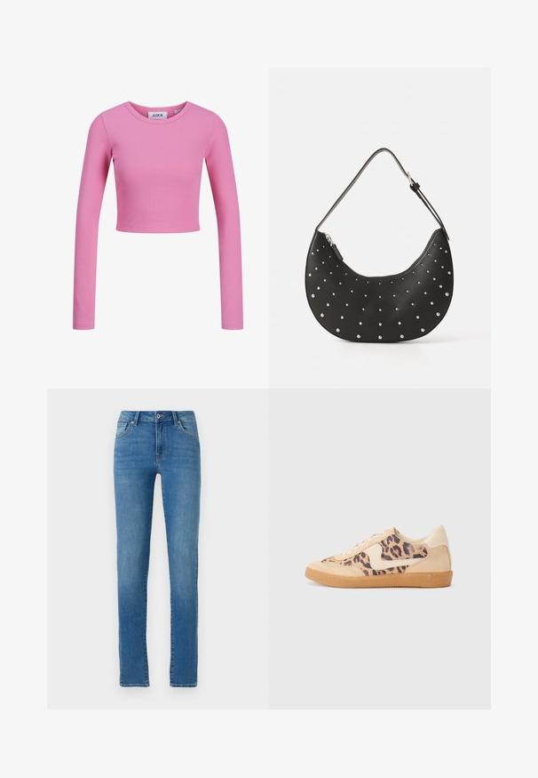 Langarm, cropped top in lichtroze ribstof. Heeft een ronde halslijn en een nauwsluitend ontwerp met een gladde textuur.; Blauwe denim jeans met een rechte pasvorm, vijf zakken, sluiting met een knoop aan de voorkant en subtiele stiksels. Schoon ontwerp met een middelgrote wassing.; Luipaardprint sneakers met een beige suède bovenkant, tan rubberen zool en witte accenten. Ronde neus en vetersluiting met een gestructureerde afwerking.; Zwarte leren handtas met een gebogen vorm, versierd met zilveren studs, voorzien van een ritssluiting en een enkele verstelbare schouderband.