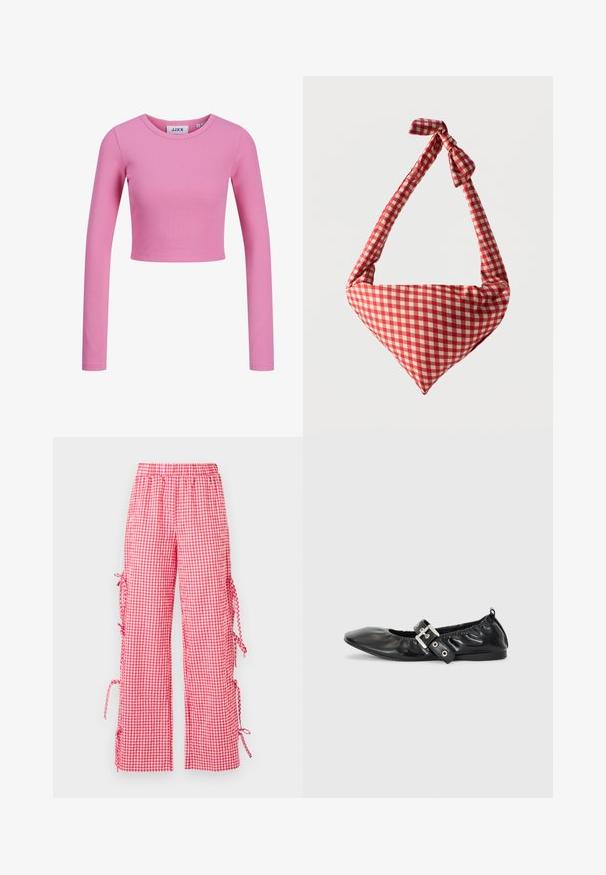 Top corto de manga larga en tela de canalé de color rosa claro. Presenta un cuello redondo y un diseño ajustado con una textura suave.; Pantalones de cuadros rojos y blancos con un ajuste relajado, que cuentan con una cintura elástica y lazos en el costado para longitudes ajustables.; Zapato plano de piel negra con puntera afilada, detalle fruncido alrededor de la abertura y un acento de hebilla plateada en la correa ajustable.; Bolso de tela suave para el hombro con patrón de cuadros rojos y blancos, asa con nudo y forma triangular sobre un fondo liso.
