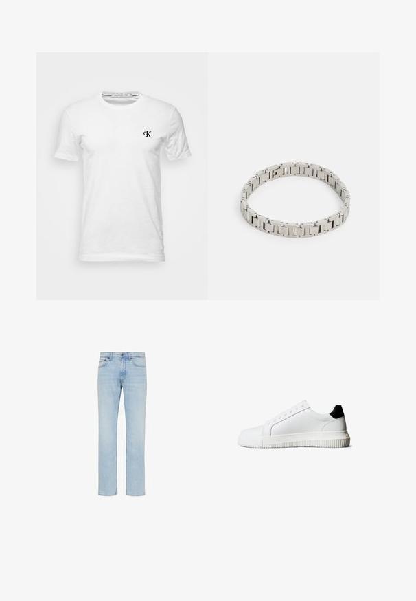 Weißes T-Shirt mit kurzen Ärmeln und Rundhalsausschnitt mit kleinem schwarzem "CK"-Logo auf der linken Brust, Marke Calvin Klein Jeans, Größe Medium.; Hellblaue Straight-Leg-Jeans aus Denim mit vorderem Knopf, Reißverschluss und Fünf-Taschen-Design, gezeigt auf weißem Hintergrund.; Weiße Leder-Sneaker mit schwarzem Fersenakzent, ausgestattet mit flachen Schnürsenkeln, einer abgerundeten Schuhspitze und einer gerippten Gummisohle für besseren Halt.; Silberner Metallarmreif mit rechteckigen Gliedern, polierter Oberfläche und kleinen runden Akzenten, konzipiert für einen engen Sitz am Handgelenk.