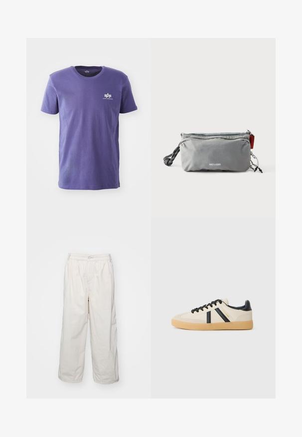 Camiseta morada de manga corta y cuello redondo con pequeño logo blanco de Alpha Industries en el pecho izquierdo sobre fondo blanco.; Pantalones de algodón blancos de pernera ancha con cinturilla elástica, con cierre de botón en la parte delantera y bolsillos laterales. Textura suave y diseño minimalista.; Zapatillas casuales en crema con rayas negras, con parte superior texturizada y suela de goma. Los cordones son negros. Logo sutil en el costado.; Bolsa rectangular gris con cremalleras, asa de cuerda en negro y blanco en un lado y texto "ONLY & SONS" en el centro frontal.