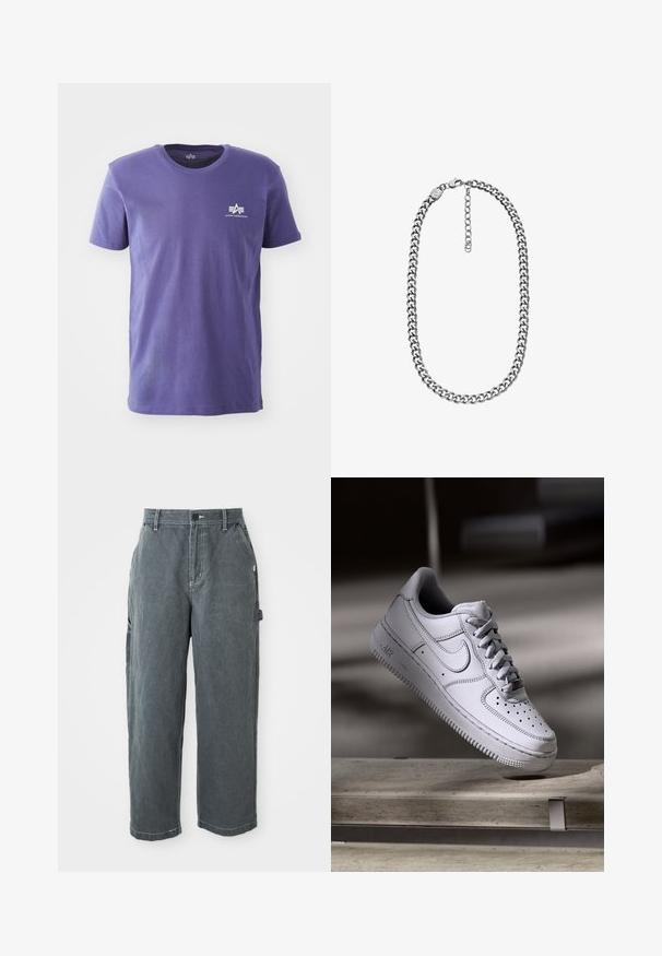 Lilla lühikeste varrukatega ümara kaelusega T-särk, millel on vasakul rinnal väike valge Alpha Industries logo valgel taustal.; Tumedat hallid sirged tööpüksid, millel on vöötokid, ees nupp ja lukukinnitus, küljetaskud ning haameri rihm paremal jalal.; Valge nahast Nike Air Force 1 tennisejalanõu, millel on perforatsiooniga varvas, lamedad paelad ja tekstureeritud kummist tallaga, millel on küljele märgitud "AIR".; Hõbedase tooniga curb-kett kaelakee, millel on homaari lukk ja reguleeritav pikendusketi valge taustal.