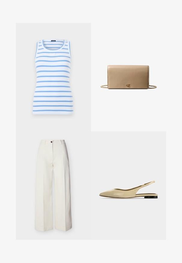 Débardeur blanc sans manches en maille côtelée avec des rayures horizontales bleu clair et un col rond, présenté sur un fond uni.; Pantalon crème taille haute à jambes larges, avec passants de ceinture, fermeture à bouton unique et zip, présenté à plat sur un fond uni.; Chaussure plate beige à bout pointu avec bride arrière, petit talon noir et finition en cuir lisse, vue de côté sur un fond uni.; Pochette en cuir beige avec bandoulière chaîne dorée et petit logo "cK" doré centré sur le rabat avant.