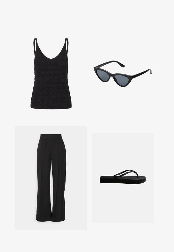 Top de tirantes negro de ganchillo con escote en V, tirantes delgados y un patrón texturizado con filas uniformes. Ideal para capas o para un uso casual.; Vero Moda Tall VMCARMEN WIDE PULL ON PANT TALL - Pantalones - black; Chancla negra de goma con suela texturizada y correa en forma de Y, mostrada en vista lateral sobre un fondo liso y claro.; Gafas de sol negras en forma de ojo de gato con lentes gris oscuro, marco de plástico elegante, esquinas puntiagudas y patillas rectas. Sin herrajes ni acentos visibles.