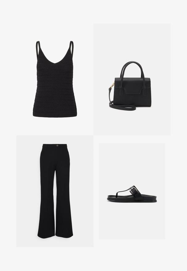 Top de tirantes negro de ganchillo con escote en V, tirantes delgados y un patrón texturizado con filas uniformes. Ideal para capas o para un uso casual.; Pantalones acampanados negros hechos de tejido elástico, con cierre de botón en la parte delantera y trabillas para cinturón. Textura suave con color uniforme en todo el tejido.; Sandalia tipo tanga negra con suela acolchada y correa ajustable con hebilla plateada, mostrada de lado sobre un fondo blanco.; Bolso estructurado negro de cuero con un asa superior, correa de hombro desmontable y un detalle de tapa en la parte frontal. Acentos en dorado.