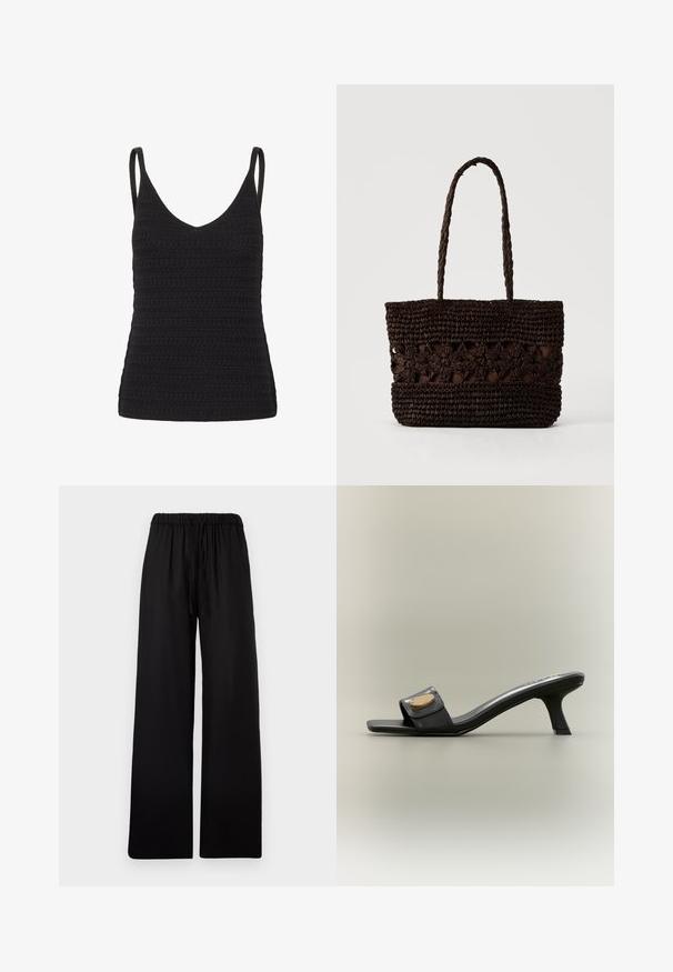 Schwarzes gehäkeltes Tanktop mit V-Ausschnitt, dünnen Trägern und einem texturierten Muster mit gleichmäßigen Reihen. Geeignet zum Layering oder für legere Anlässe.; Schwarze Hose mit weitem Bein, elastischem Bund und Kordelzug, flach auf einem hellgrauen Hintergrund präsentiert.; Schwarze Mule-Sandale mit offenem Zehenbereich, mittelhohem geschwungenem Absatz und goldener ovaler Verzierung auf dem breiten Vorderriemen, vor neutralem Hintergrund.; Dunkelbraune gewebte Tragetasche mit Blumenmustern und zwei langen geflochtenen Griffen auf hellem einfarbigem Hintergrund.