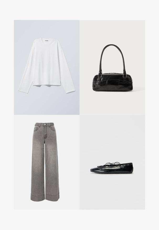 Camiseta blanca de manga larga con cuello redondo y un ajuste relajado, mostrada plana sobre un fondo gris claro.; Pantalones de mezclilla grises de tiro alto y corte ancho, con cinturón trenzado, bolsillos delanteros, cierre de botones y bajos doblados.; Zapato plano negro con puntera afilada y cordones en el frente, con detalles de ojetes a lo largo de los bordes, exhibido sobre un fondo blanco.; Bolso de mano de cuero negro con forma rectangular, equipado con un asa estructurada, herrajes en plata y cierre de cremallera. Textura suave.