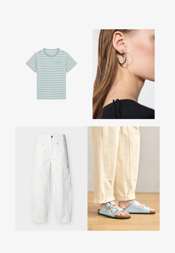 T-shirt à manches courtes avec col rond, rayures horizontales vert clair et blanches, et petit logo "Guess Jeans" sur la poitrine.; Pantalon blanc à jambes larges avec poches plaquées à l'avant, fermeture à boutons et détails de coutures visibles, présenté sur un fond uni.; Sandales ouvertes bleu clair avec double boucles, semelle en liège et semelle en caoutchouc noir, accompagnées de pantalons larges crème.; Boucle d'oreille en argent avec une finition polie, présentant de petits détails en or et de forme ronde, portée sur le lobe.