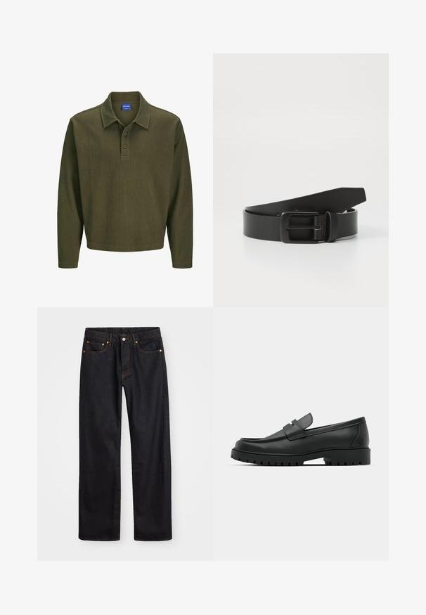 Olijfgroen polo shirt met lange mouwen, gemaakt van gestructureerde stof. Heeft een kraag, een drieknoopsluiting en een ontspannen pasvorm.; Heren straight-leg zwarte denim jeans met vijf zakken en oranje stiksels, knoop- en ritssluiting op de voorkant van de tailleband.; Zwarte leren instappers met een ronde neus, voorzien van een gestikt ontwerp, een lage platformzool en een gestructureerde, grof rubberen buitenzool.; Zwarte leren riem met een matte zwarte metalen gesp, met een gladde textuur en eenvoudig ontwerp. Verstelbare lengte met een taps toelopend uiteinde.
