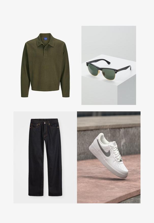 Olijfgroen polo shirt met lange mouwen, gemaakt van gestructureerde stof. Heeft een kraag, een drieknoopsluiting en een ontspannen pasvorm.; Heren straight-leg zwarte denim jeans met vijf zakken en oranje stiksels, knoop- en ritssluiting op de voorkant van de tailleband.; Witte Nike Air Force 1 sneaker met grijs swoosh-logo zwevend boven een stenen oppervlak en een grijze stenen muur op de achtergrond.; Ray-Ban zonnebrillen met groene lenzen, zwarte plastic monturen en gouden accenten aan de randen. Vierkante vorm met een matte afwerking.