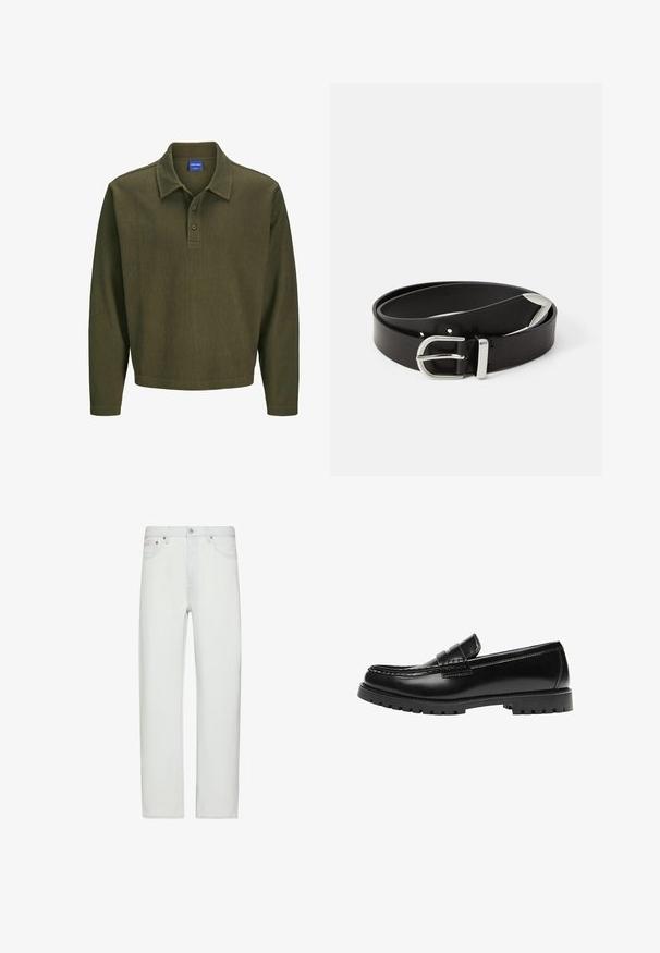 Polo shirt à manches longues vert olive en tissu texturé. Présente un col, une patte de boutonnage à trois boutons et une coupe décontractée.; Jeans blancs taille haute à jambes droites avec fermeture à boutons et fermeture éclair devant, passants de ceinture et poches avant.; Mocassin en cuir noir avec une semelle en caoutchouc épaisse et un détail classique de bride à monnaie, vu de côté extérieur.; Ceinture en cuir noir avec une boucle en métal argenté, présentant un design classique et une texture lisse. Comprend des trous pour un ajustement flexible.