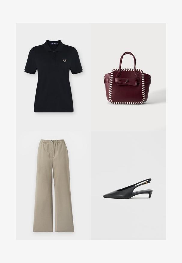 Polo noir à manches courtes avec deux boutons et petit logo blanc de couronne de laurier sur la poitrine gauche.; Pantalon beige à jambes larges avec taille élastique et fermeture par bouton, tissu lisse, détail de couture à l'avant, sur fond blanc.; Des escarpins à talon ouvert noirs avec un bout pointu, une texture en cuir lisse, un petit talon aiguille, et une sangle avec un accent de boucle en métal.; Sac à main en cuir bordeaux avec bordure blanche cousue, doubles poignées et rabat avant sécurisé par une fermeture à épingle argentée.
