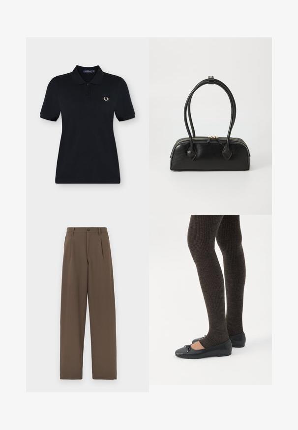 Polo noir à manches courtes avec deux boutons et petit logo blanc de couronne de laurier sur la poitrine gauche.; Pantalon marron à jambes larges en tissu lisse, avec deux plis, une fermeture à un bouton et des poches standards.; Jambes portant des leggings côtelés foncés associés à des ballerines noires avec de petits détails en nœud sur fond blanc.; Sac à main en cuir noir avec deux anses allongées, fermeture éclair et forme arrondie ; texture lisse avec une finition légèrement brillante.