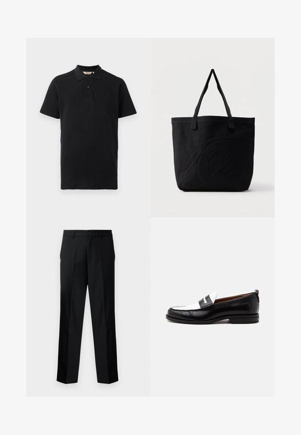 Sort polo shirt lavet af tekstureret bomuld. Har en to-knaps placket, korte ærmer og et diskret broderet logo på brystet.; Sorte skræddersyede bukser med lige snit, der har knaplukning, lynlås og bæltestropper. Glat stof med sidelommer.; Sort-hvid læderloafer med syning, lav hæl og slip-on design, vist fra siden på en ensfarvet baggrund.; Sort canvas-tote-taske med to skulderstropper og et diskret præget cirkeldesign på fronten.