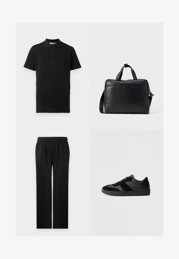 Sort polo shirt lavet af tekstureret bomuld. Har en to-knaps placket, korte ærmer og et diskret broderet logo på brystet.; Sorte bukser lavet af blødt stof med elastisk talje, lige ben-design og to sidelommer. Har skjult syning som detalje.; Sorte sneakers med en kombination af glat læder og ruskind, med en tekstureret sort gummisål og subtil stripingdetalje.; Sort lædertaske med rektangulært design, to håndtag, aftagelig skulderrem og få dekorationer.